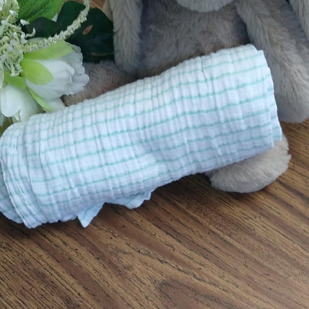 Soft White and Green Muslin Baby Blanket